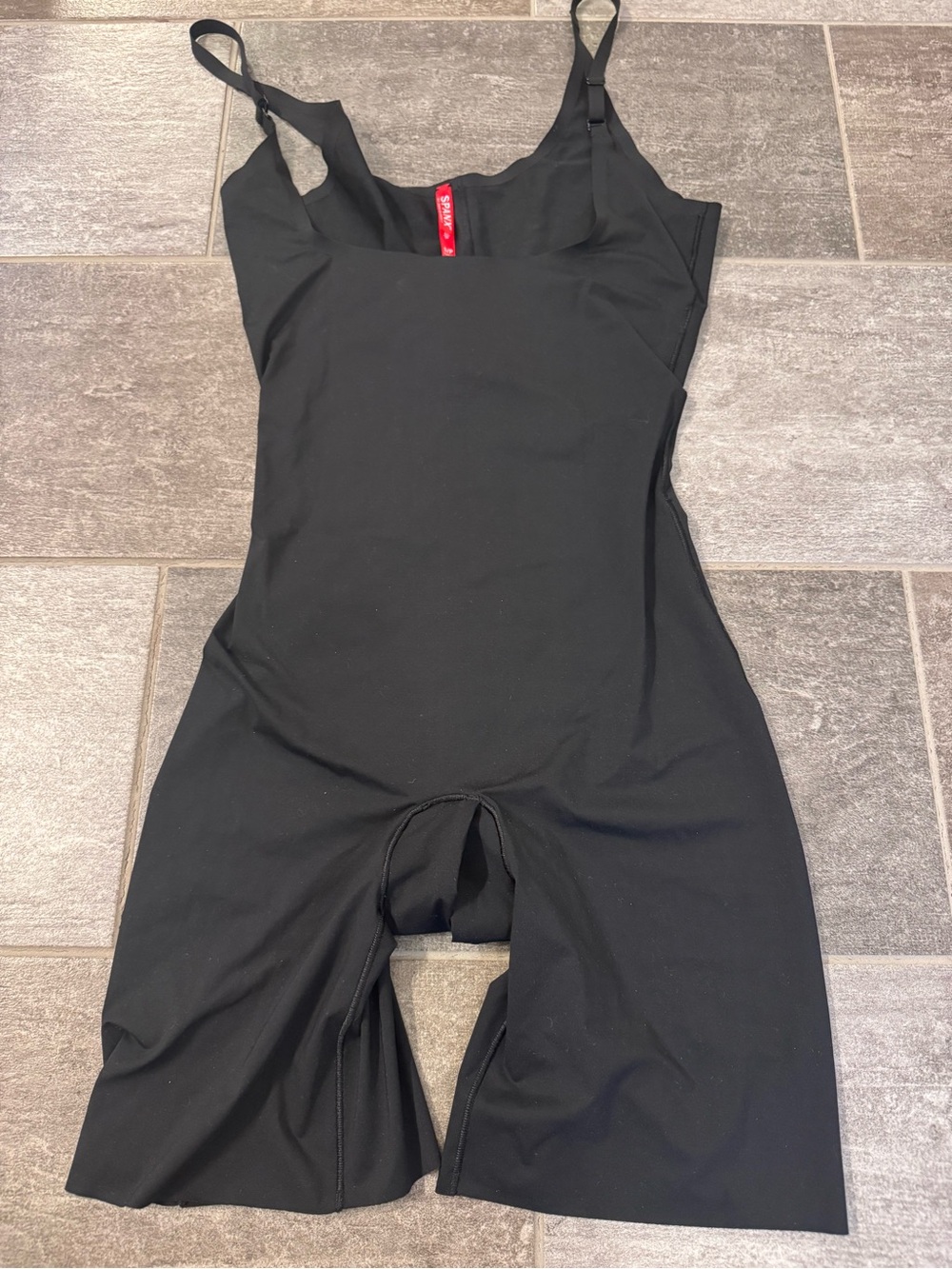 Spanx by Sara Blakey, small, black one piece bodysuit, open bust, thinstincts
